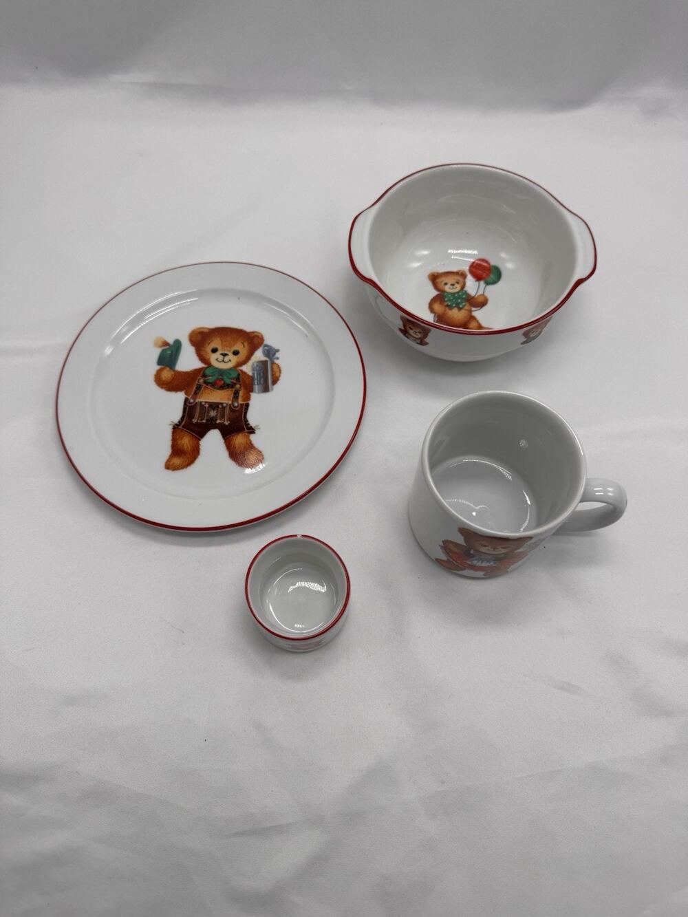 Vintage Reutter Child Kid Feeding Dish 4 Piece Teddy Bears Red Porcelain Germany